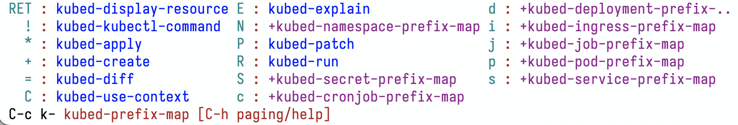 Image: Emacs which-key popup for kubed-prefix-map keymap