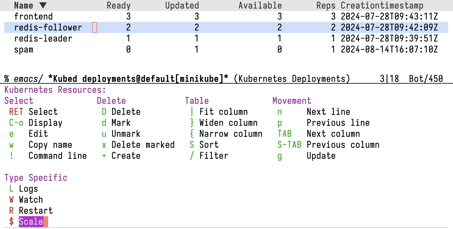 Help transient menu in Kubed deployments list buffer